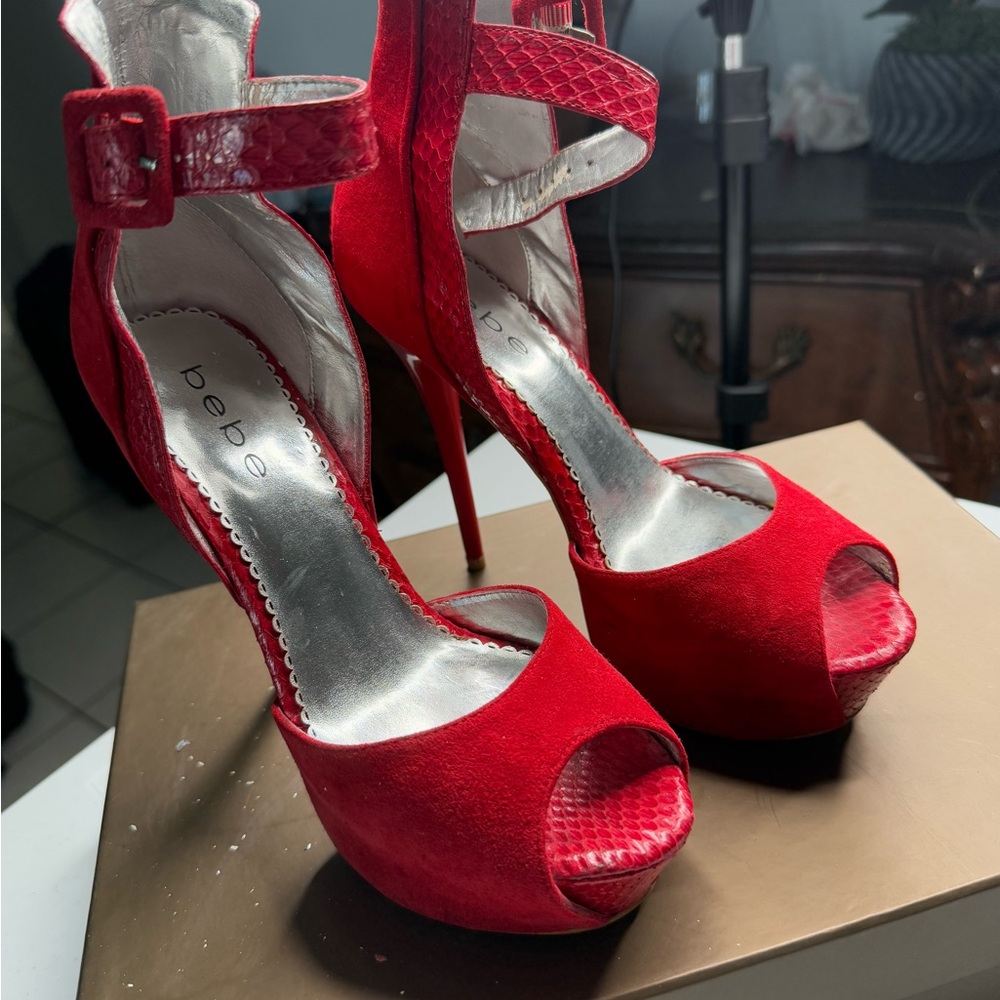 Bebe Red Peep Toe Heels